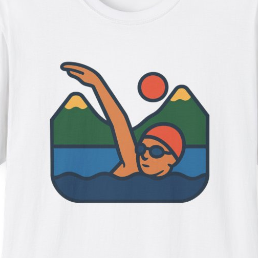 Close-up of the printed design detail: stylised woman swimming in lake