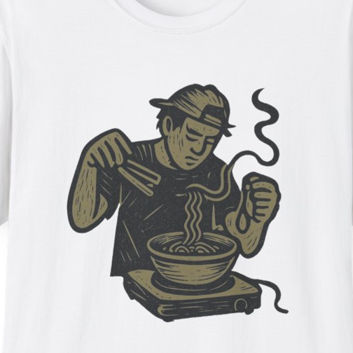 Close-up of the printed design detail: college ramen chef, midnight dorm-cooking on a hotplate
