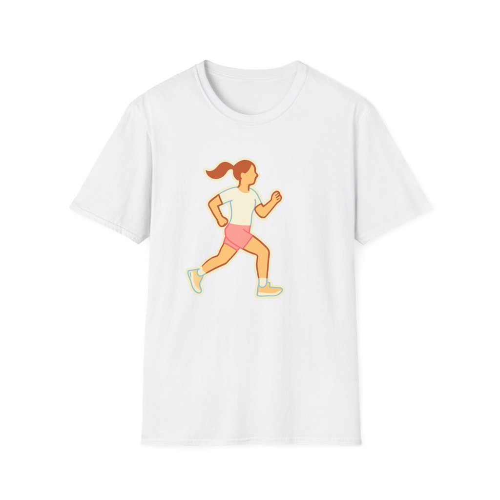 White t-shirt, front view, printed with stylized runner mid-stride illustration
