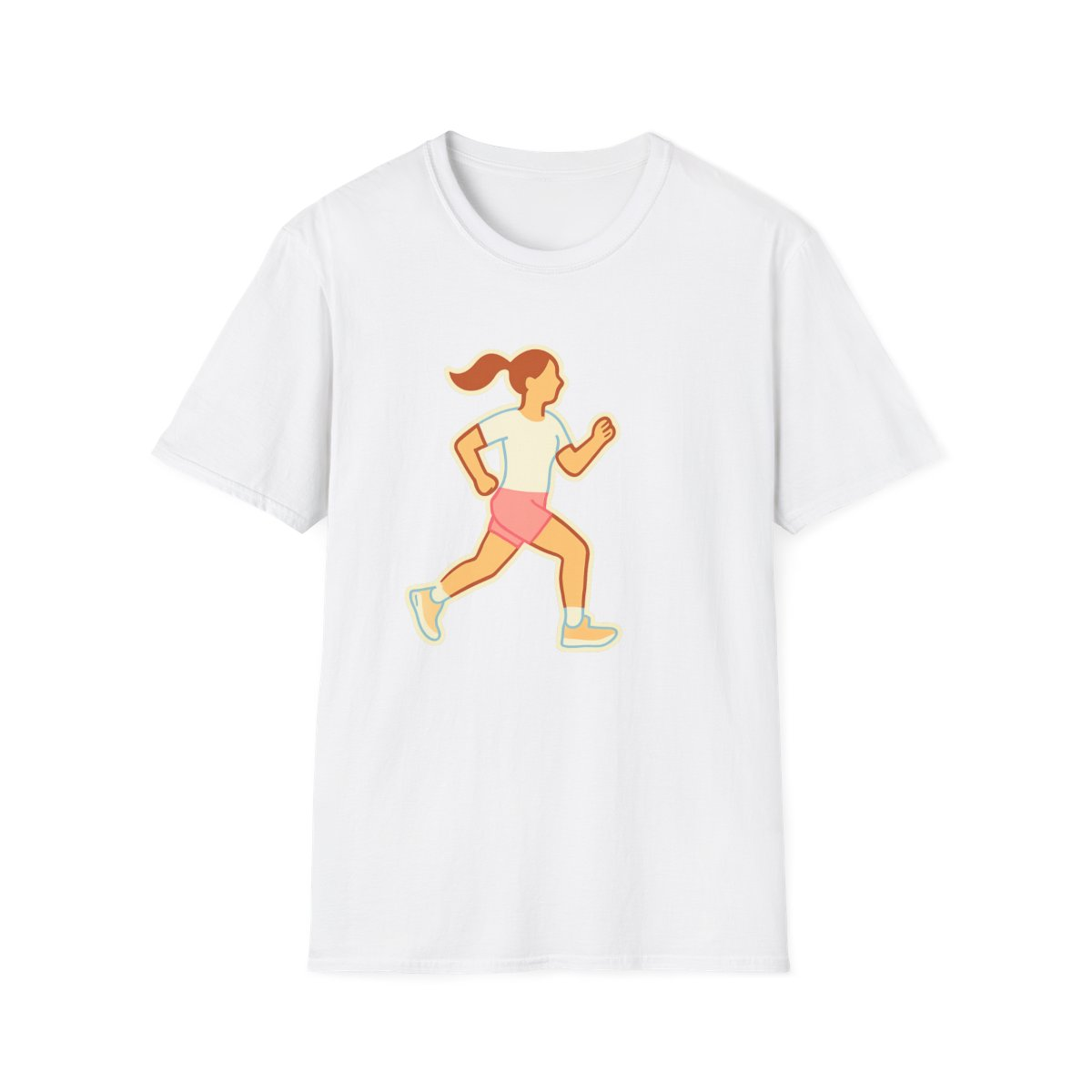 White t-shirt, front view, printed with stylized runner mid-stride illustration