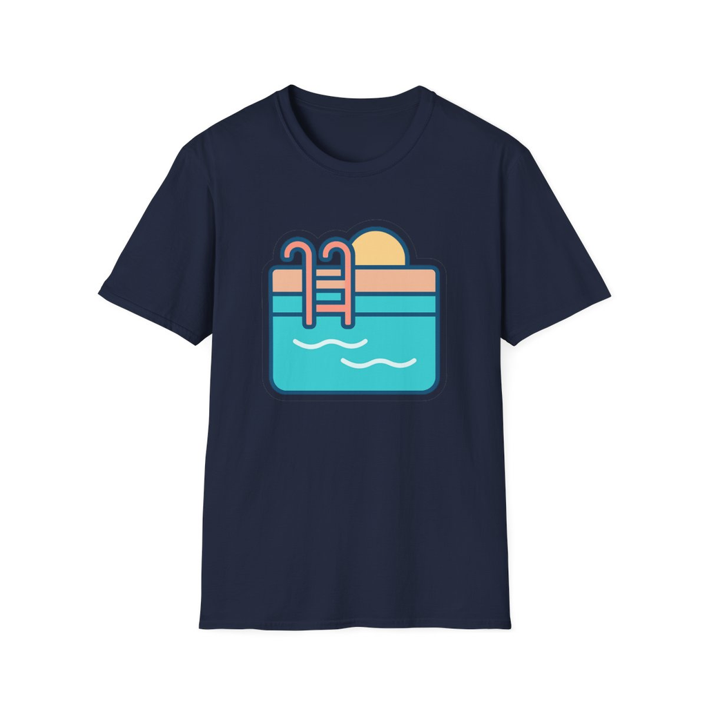 Navy t-shirt, front view, printed with stylized backyard swimming pool illustration