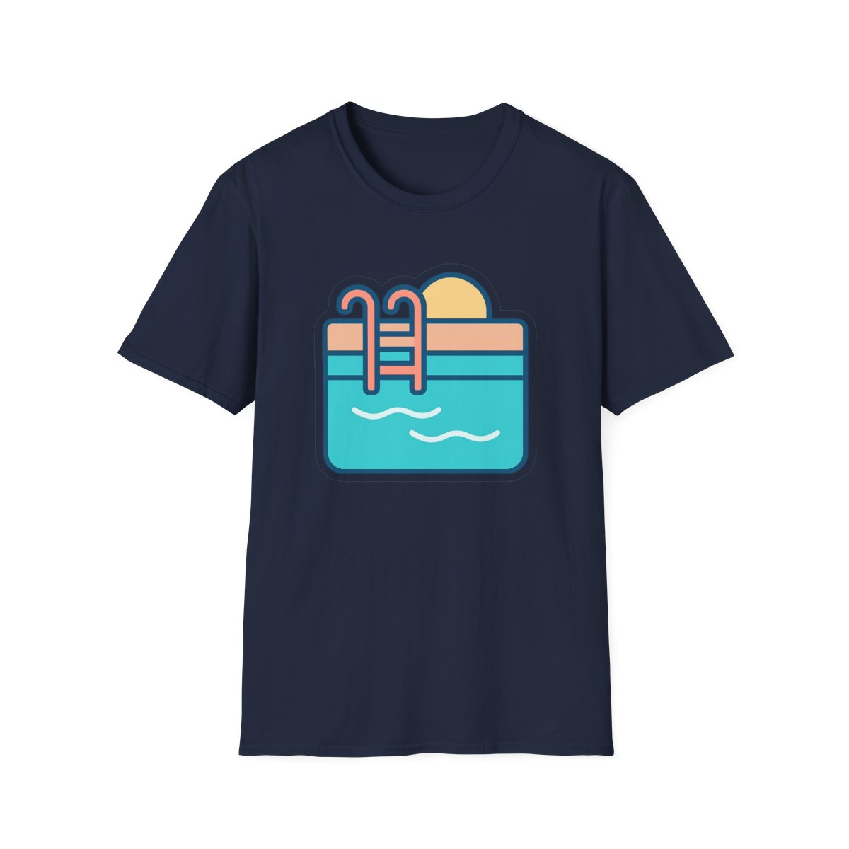 Navy t-shirt, front view, printed with stylized backyard swimming pool illustration
