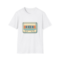 White t-shirt, front view, printed with illustrated retro cassette tape