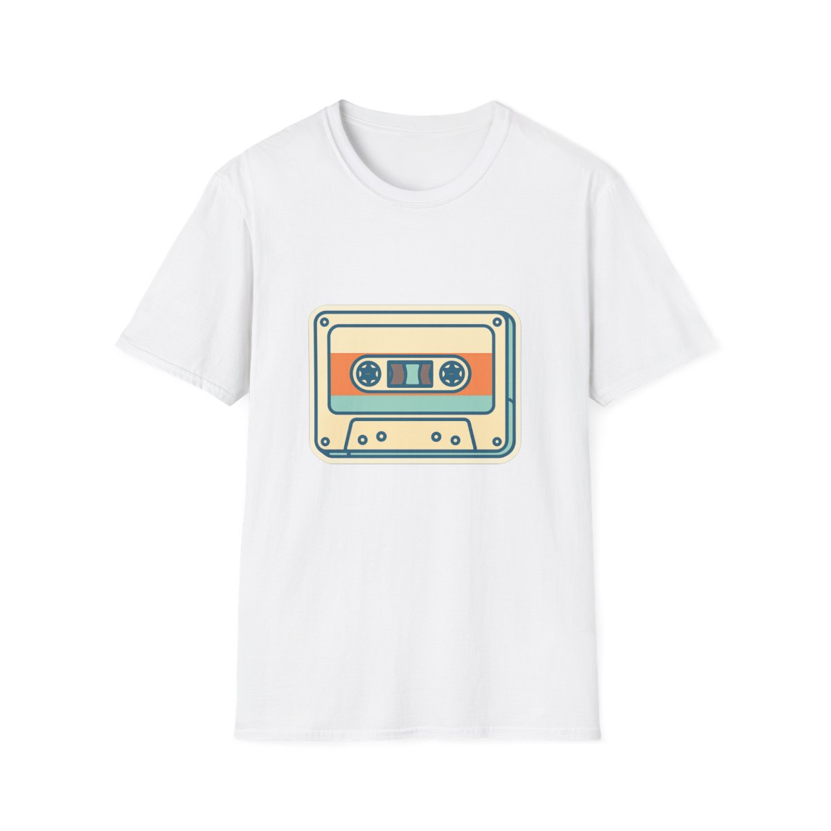 White t-shirt, front view, printed with illustrated retro cassette tape