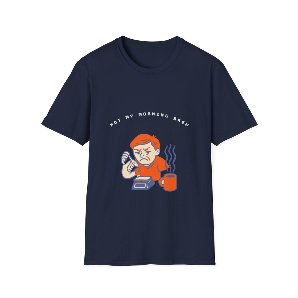 Navy t-shirt, front view, printed with person holding soap with mug