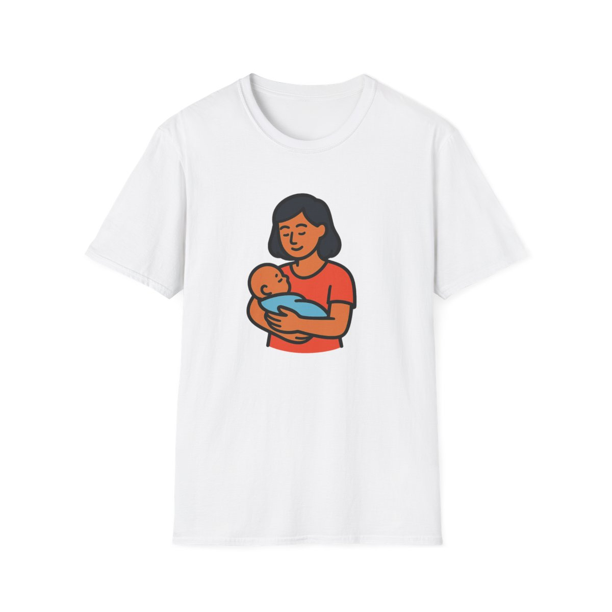 White t-shirt, front view, printed with illustration of mom cradling baby