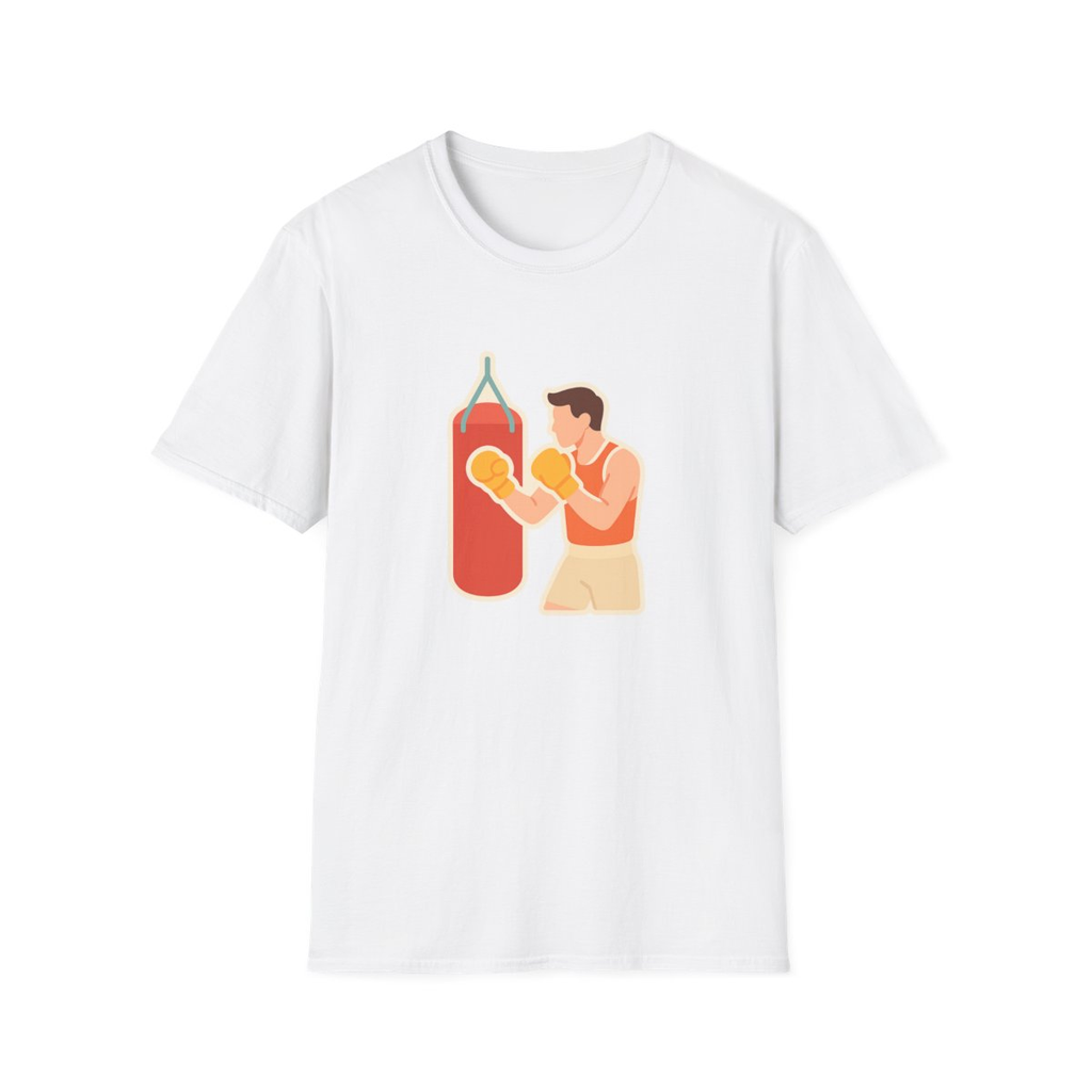 White t-shirt, front view, printed with boxer hitting a heavy bag illustration