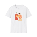 White t-shirt, front view, printed with boxer hitting a heavy bag illustration