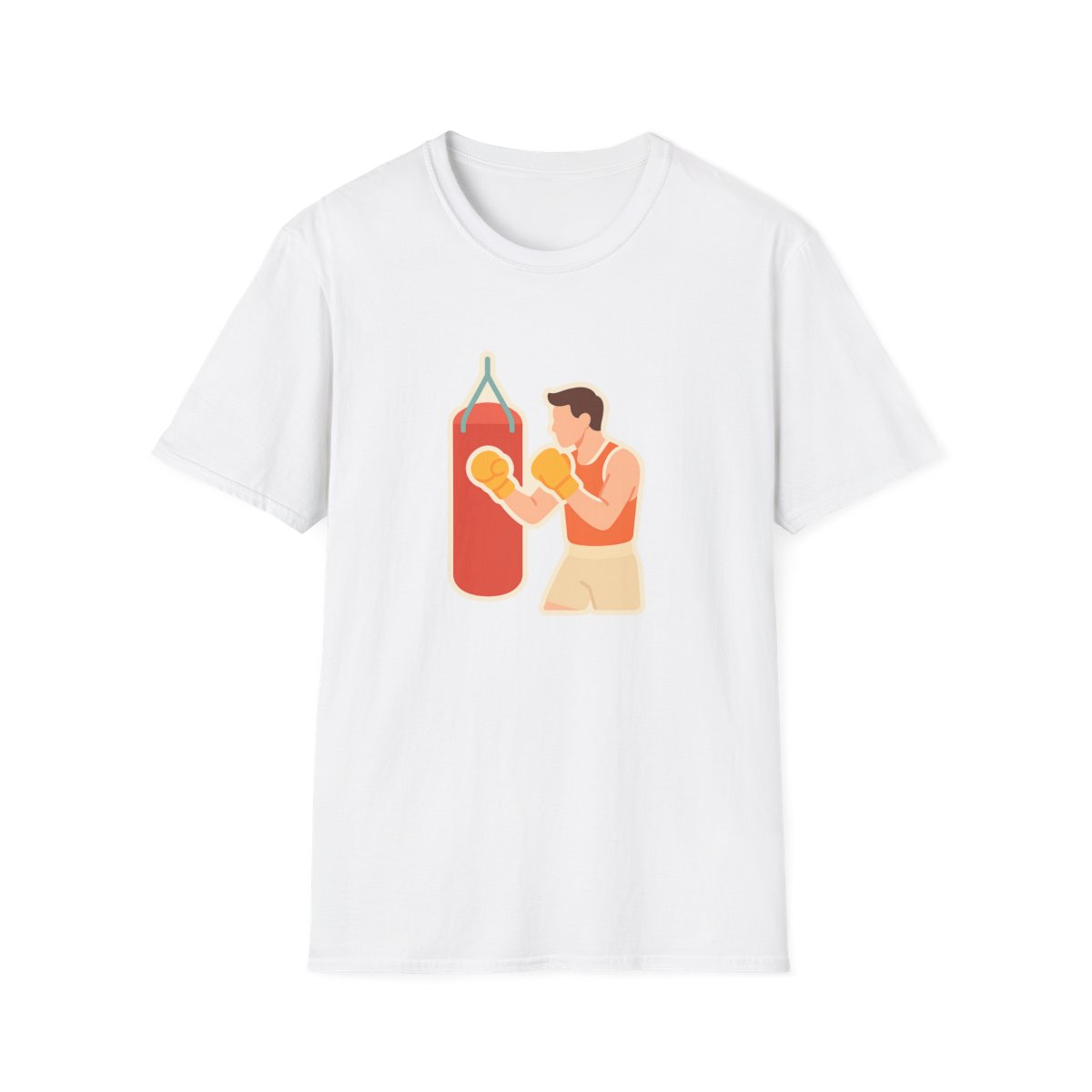 White t-shirt, front view, printed with boxer hitting a heavy bag illustration