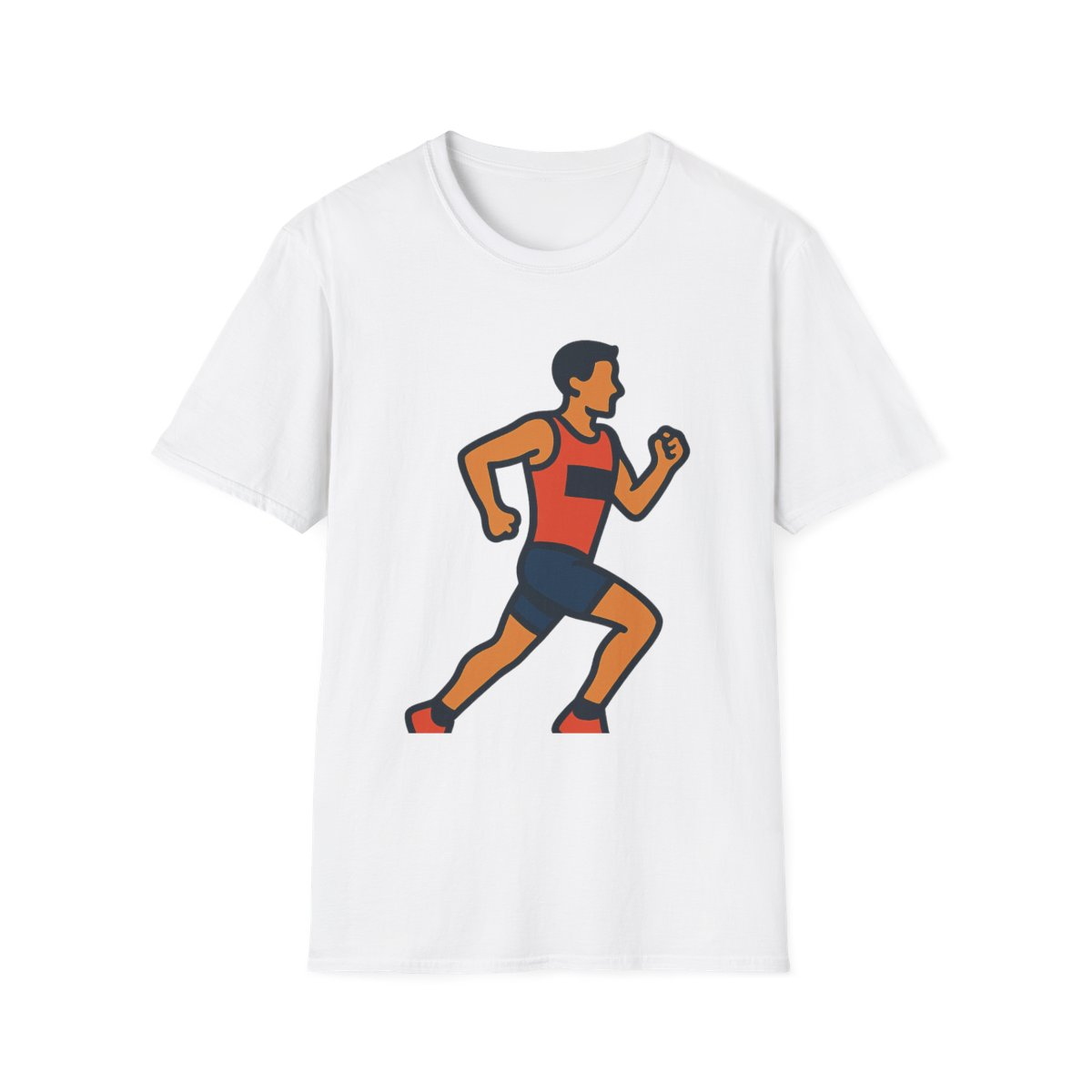 White t-shirt, front view, printed with stylized woman running illustration