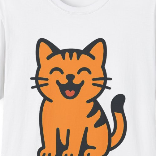 Close-up of the printed design detail: smiling orange tabby cat illustration
