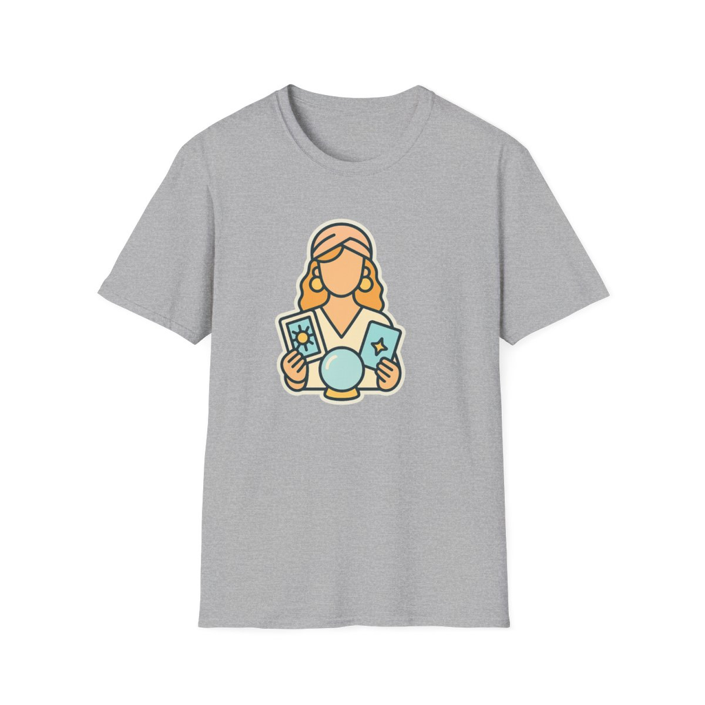 Sport Grey t-shirt, front view, printed with tarot reader holding cards and crystal ball