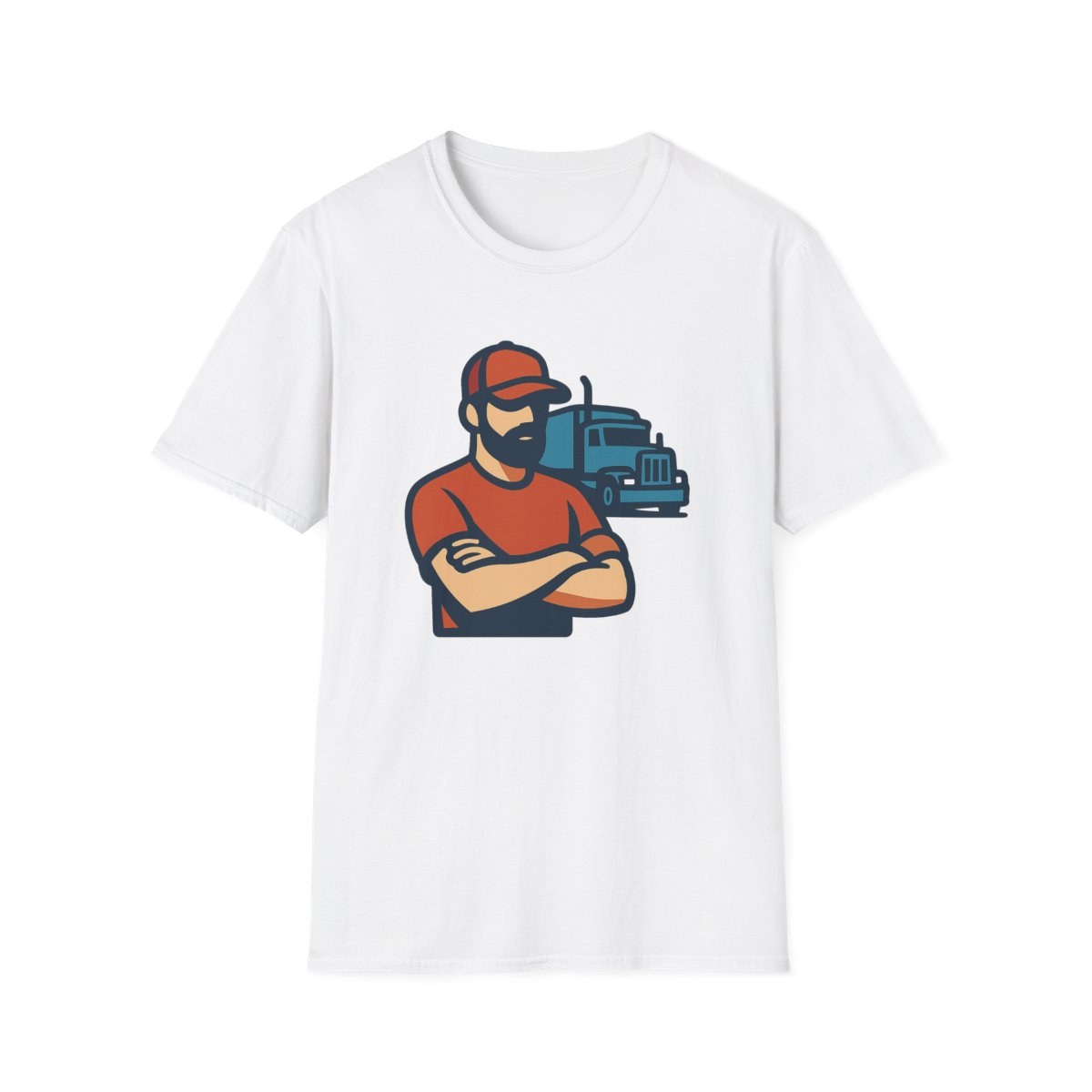 White t-shirt, front view, printed with truck driver in cab illustration