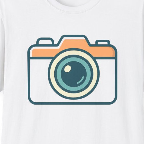 Close-up of the printed design detail: stylized camera icon illustration