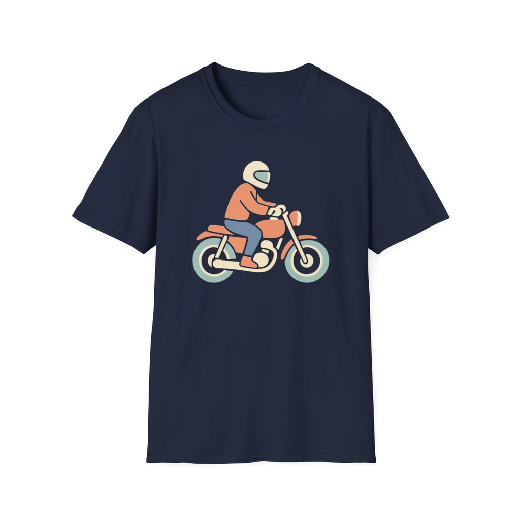 Navy t-shirt, front view, printed with simple rider on a motorcycle illustration