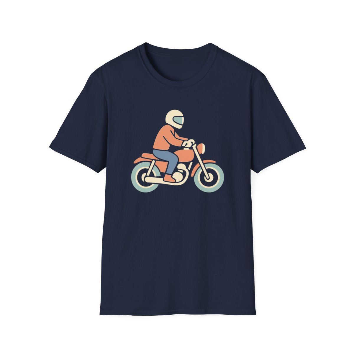 Navy t-shirt, front view, printed with simple rider on a motorcycle illustration