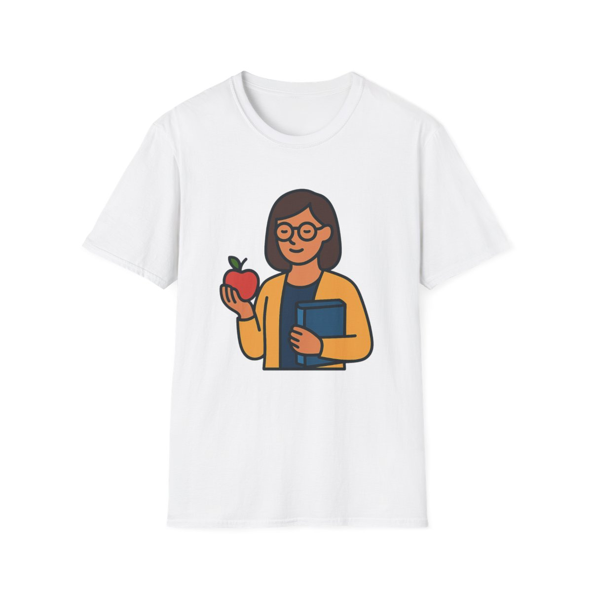 White t-shirt, front view, printed with teacher holding apple and book