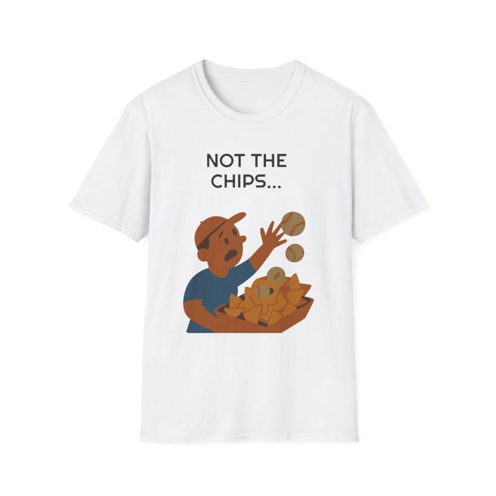 White t-shirt, front view, printed with a weekend box-seat fan design