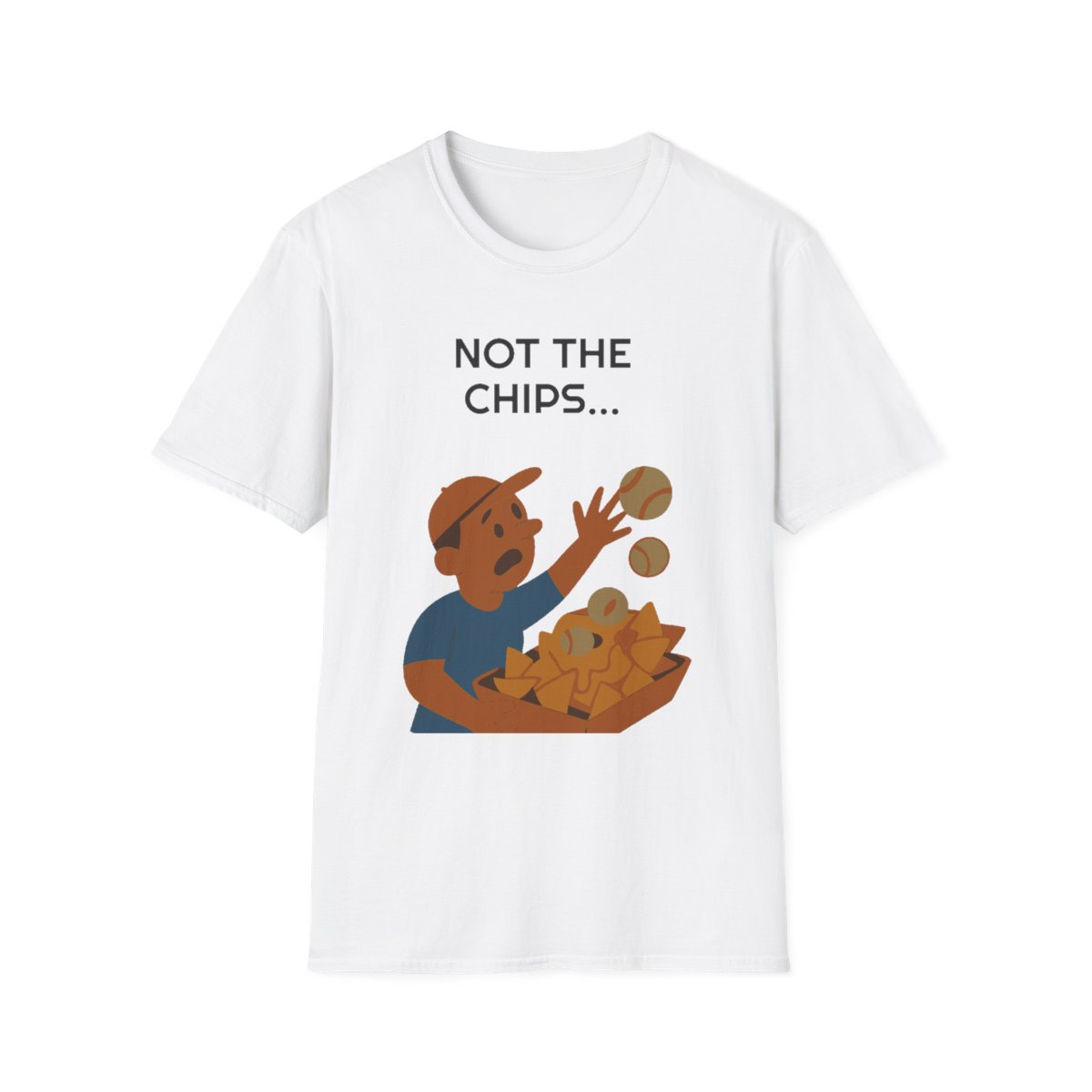 White t-shirt, front view, printed with a weekend box-seat fan design
