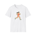 White t-shirt, front view, printed with stylized runner mid-stride illustration