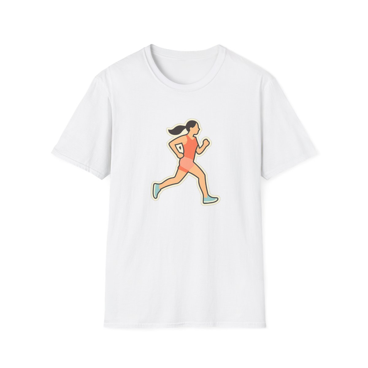 White t-shirt, front view, printed with stylized runner mid-stride illustration