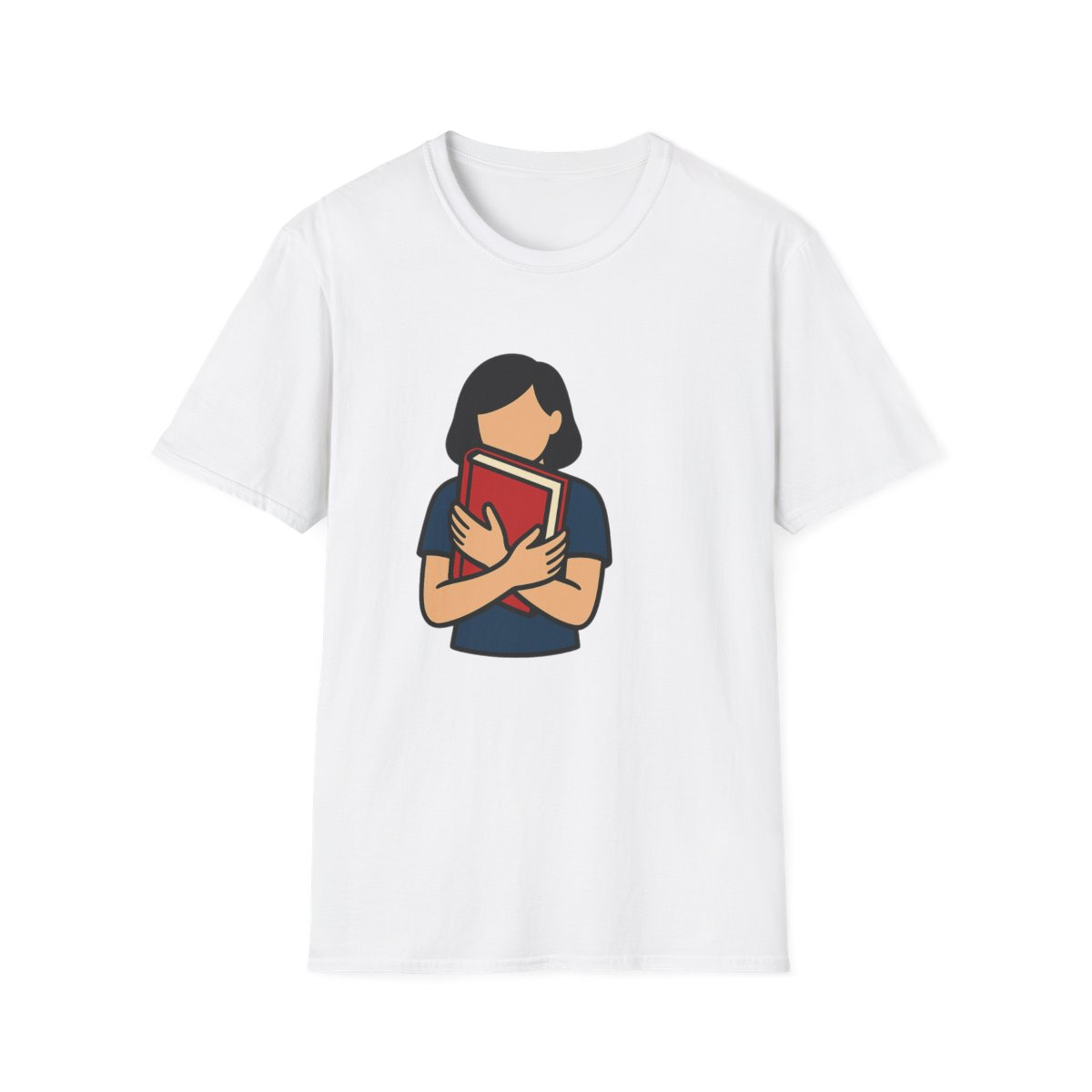 White t-shirt, front view, printed with person hugging a red book